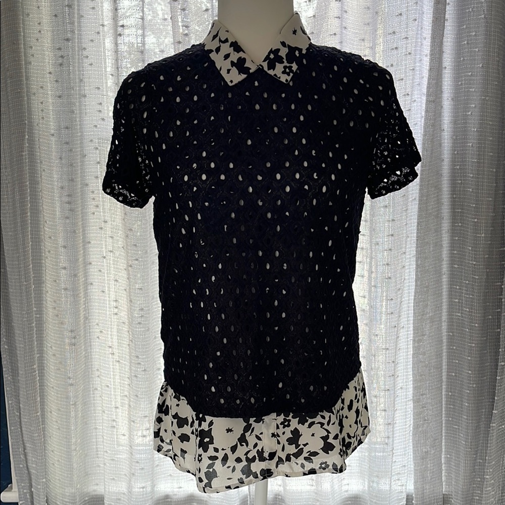 Elle Black and White Button Down Shirt with Peter Pan Collar and Layered Style